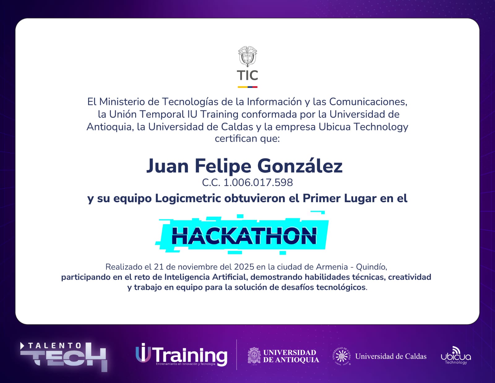 Certificado de primer lugar en el reto de inteligencia artificial